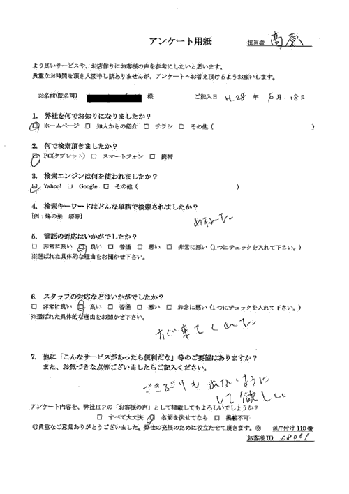【アパート】雨よけにできた蜂の巣でご依頼されたお客さま(女性)
