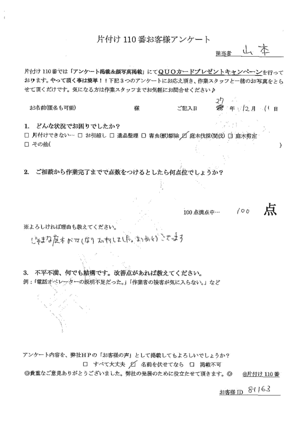 アラカシの木伐採 匿名希望さま(女性)